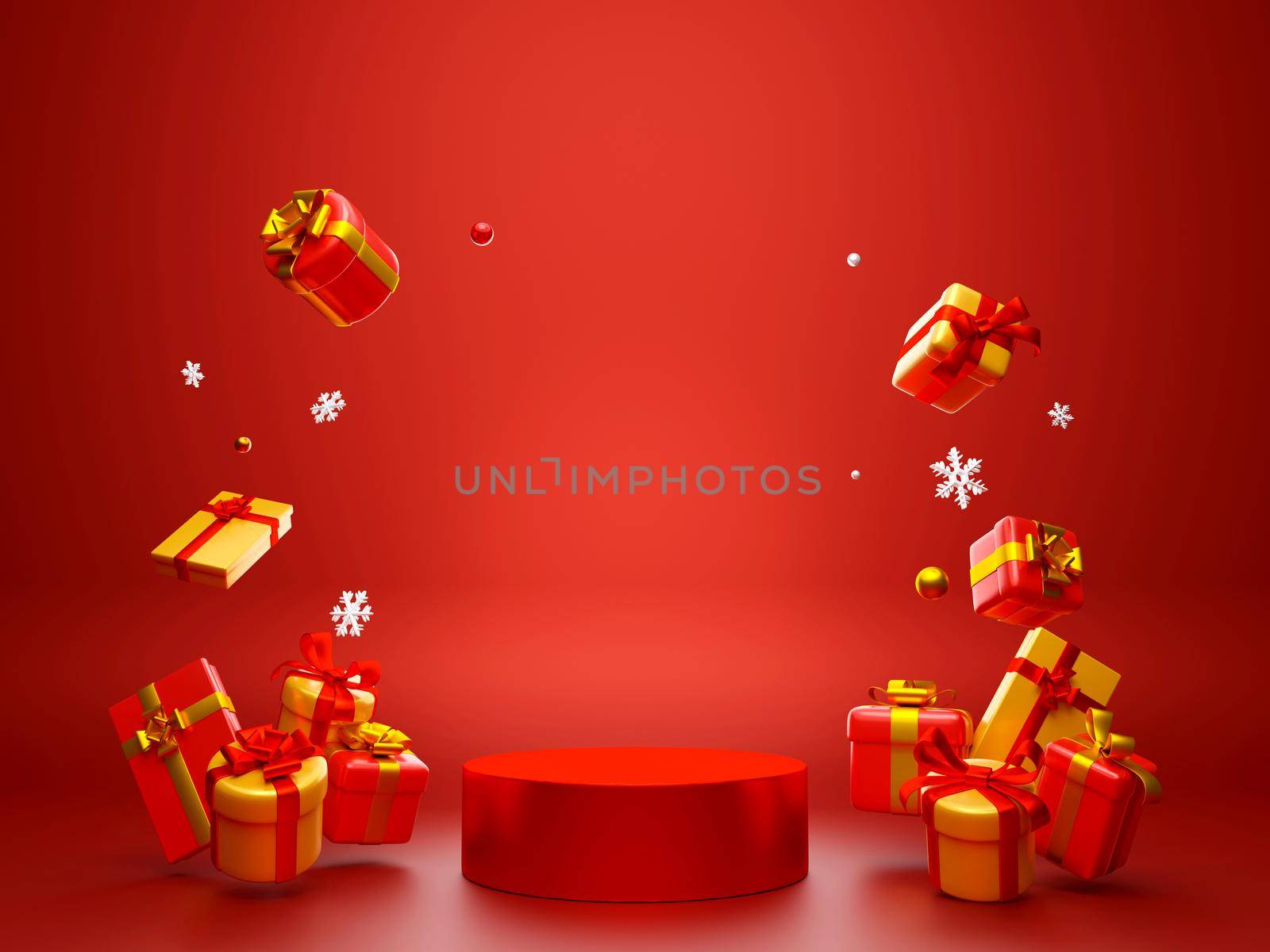 Christmas theme geometric podium with presents, 3d illustration by nutzchotwarut