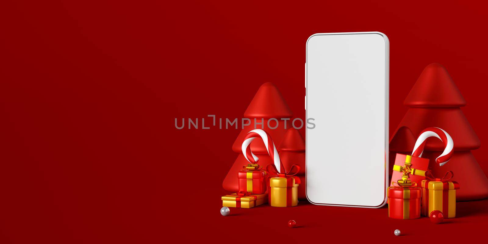 Scene of Smartphone with Christmas gift for shopping online advertisement, 3d illustration by nutzchotwarut