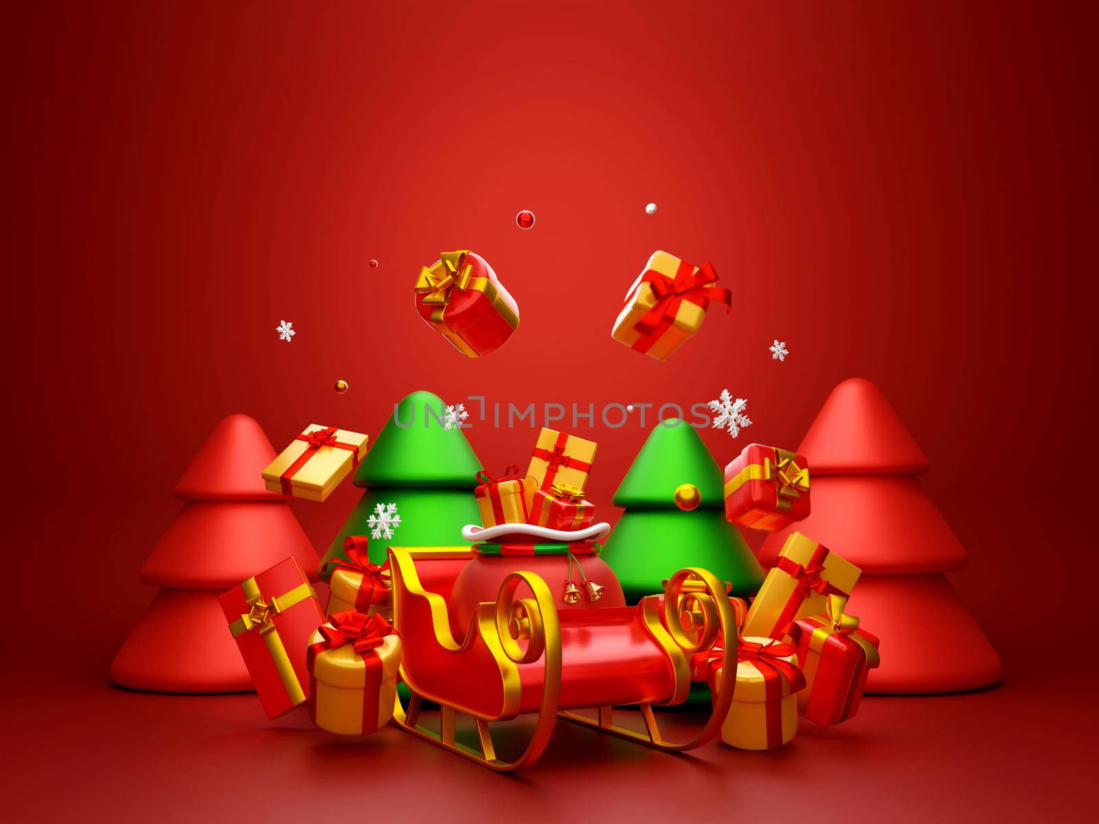 Christmas postcard of Christmas bag and sleigh on red background, 3d illustration