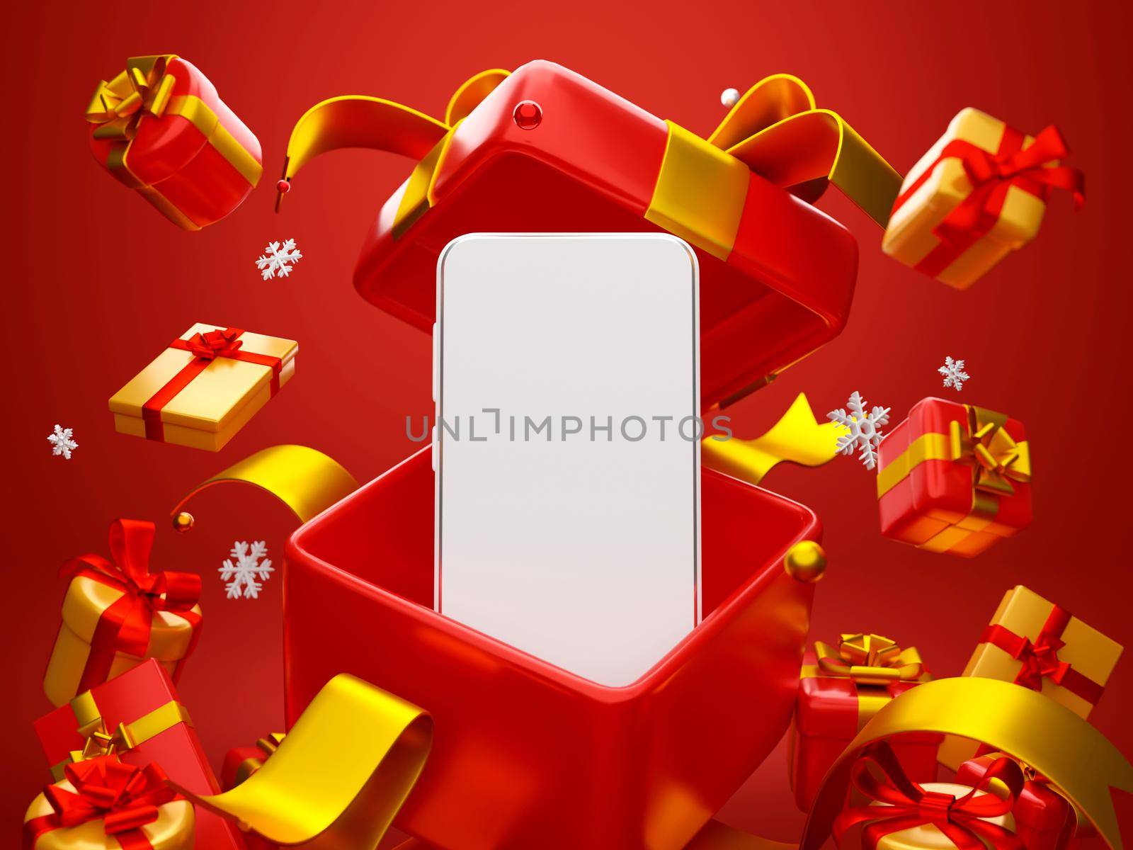Scene of Smartphone with Christmas gift for shopping online advertisement, 3d illustration