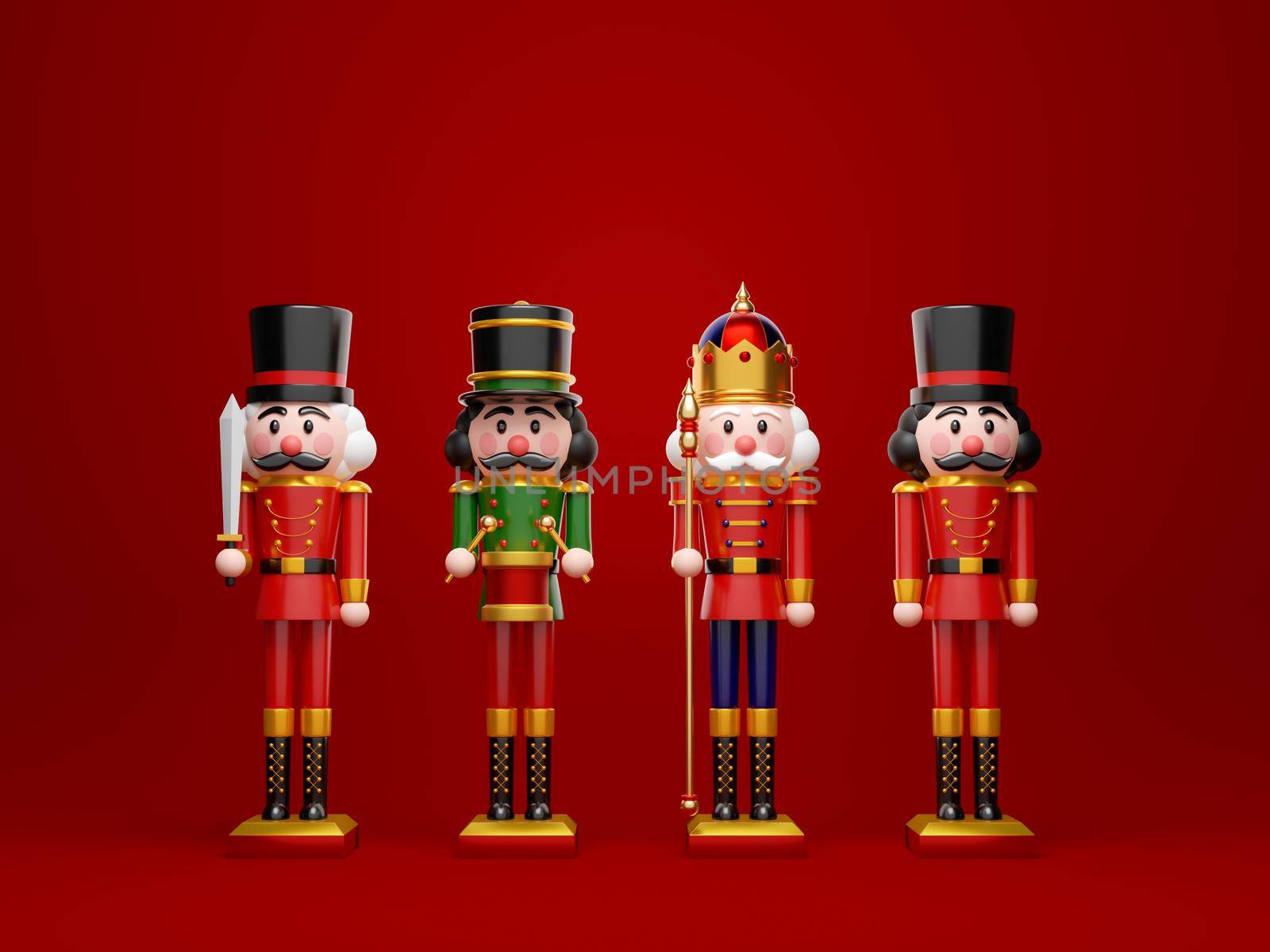 Christmas theme of set of nutcracker on red background, 3d illustration