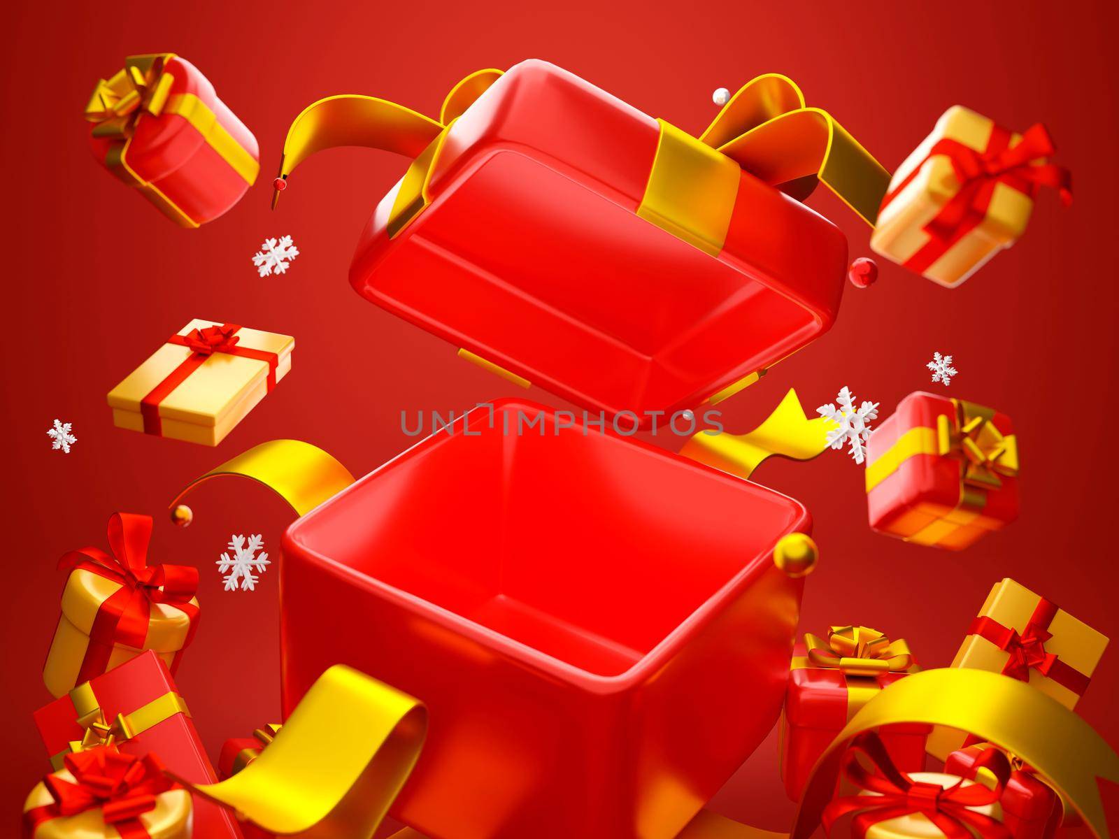 Christmas theme opened gift box for product advertisement, 3d illustration