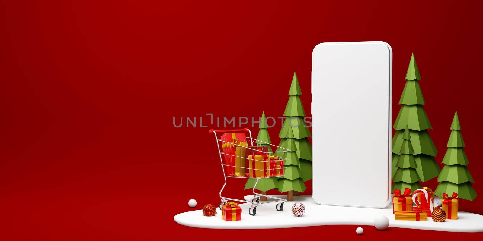 Scene of Smartphone with Christmas gift and shopping cart for shopping online advertisement, 3d illustration