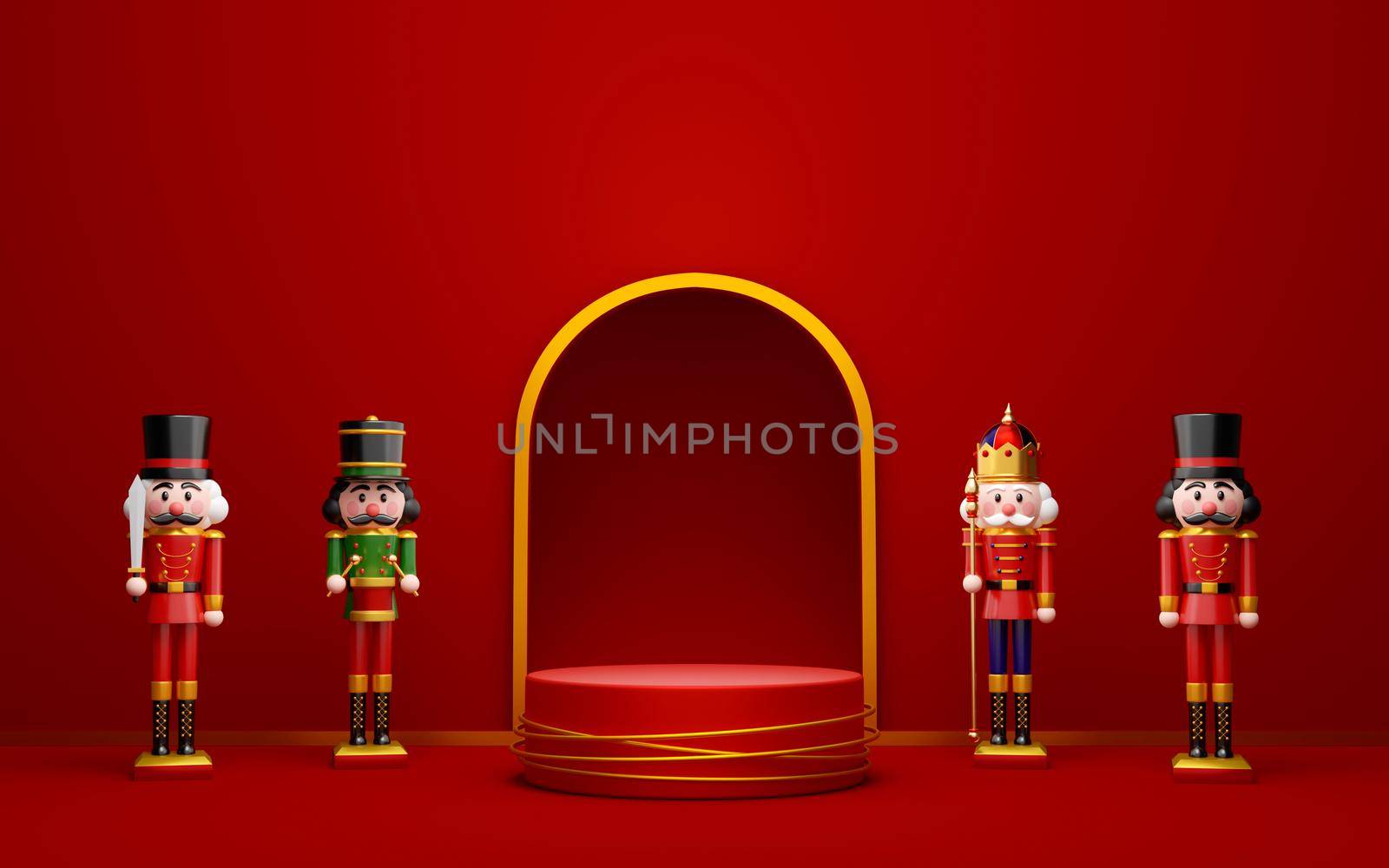 Christmas theme of geometric podium for product with nutcracker, 3d illustration