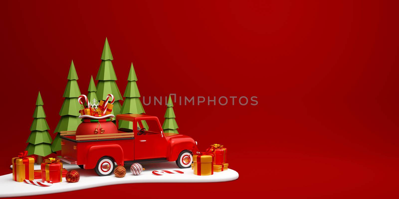 Christmas banner of Xmas truck with gift bag in pine forest, 3d illustration