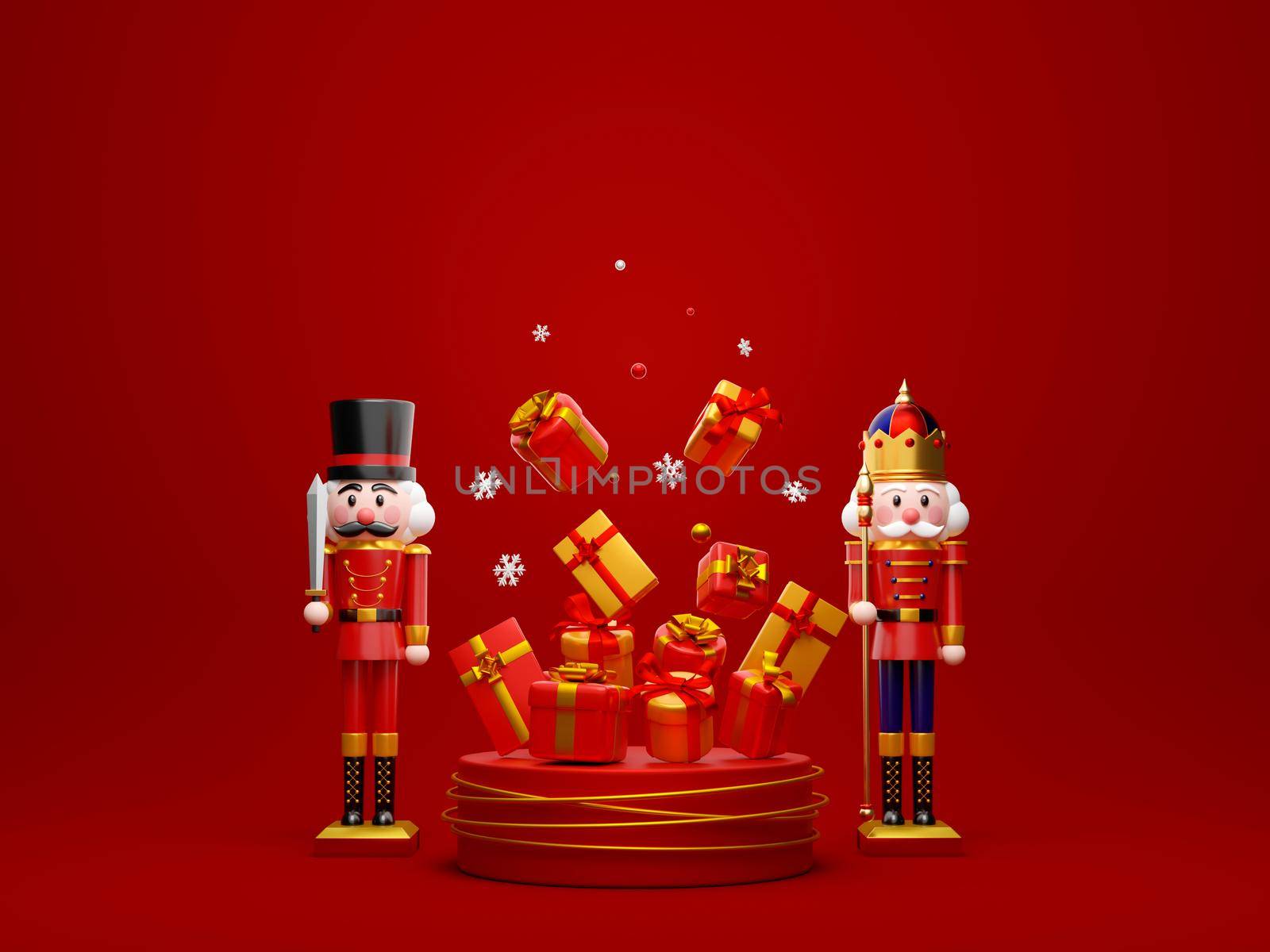 Nutcracker with podium of Christmas gifts, Merry Christmas and Happy New Year, 3d illustration