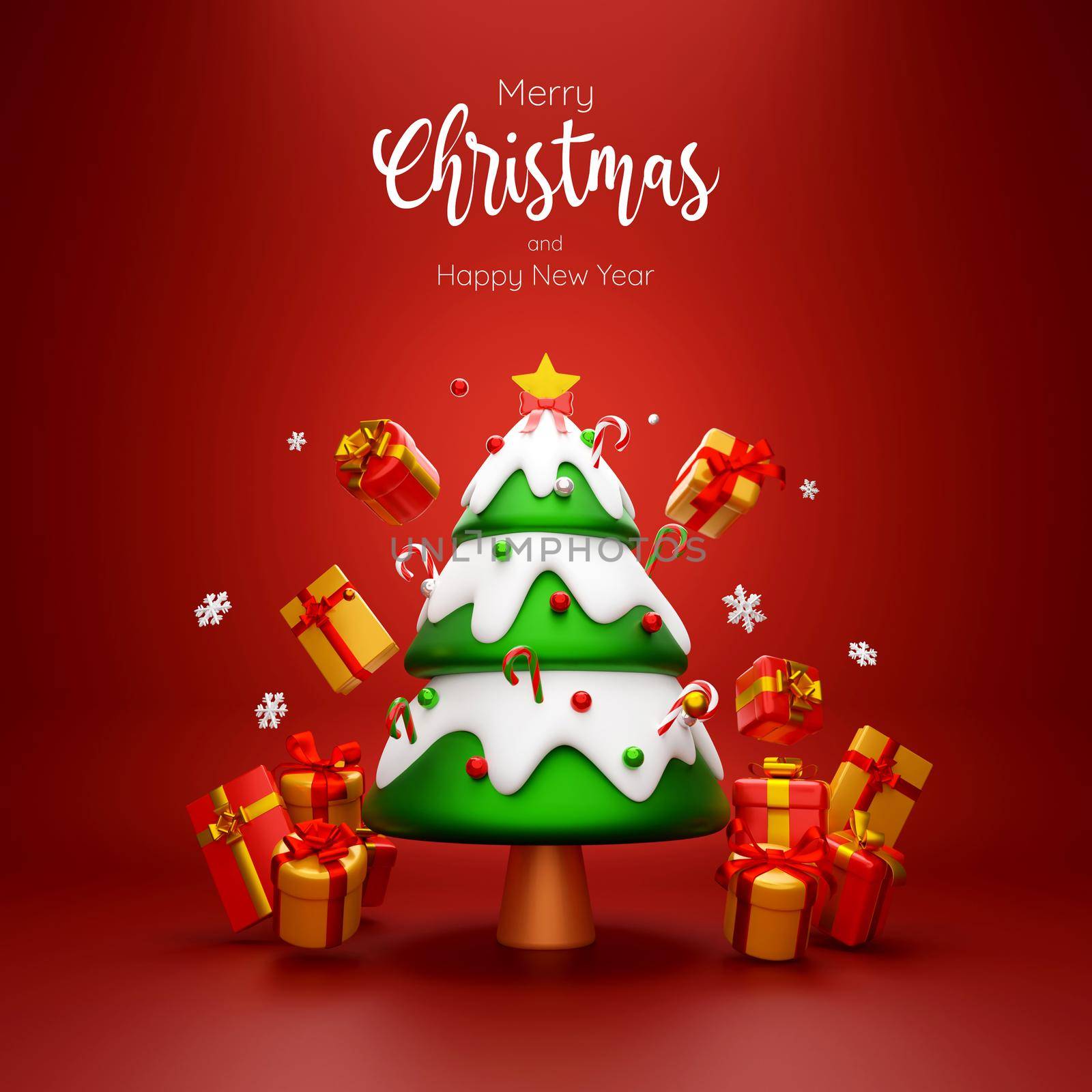 Scene of Christmas tree and gift box on red background, 3d illustration