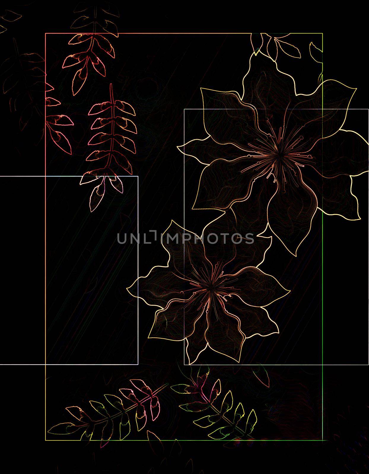 Floral set in vintage style, black background. A set of floral elements for your compositions. Pencil drawing style.