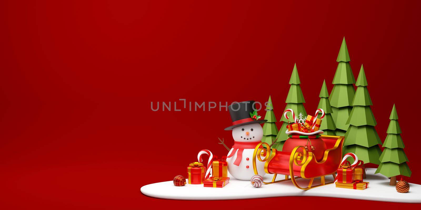 Christmas banner of Snowman and sleigh with presents, 3d illustration by nutzchotwarut
