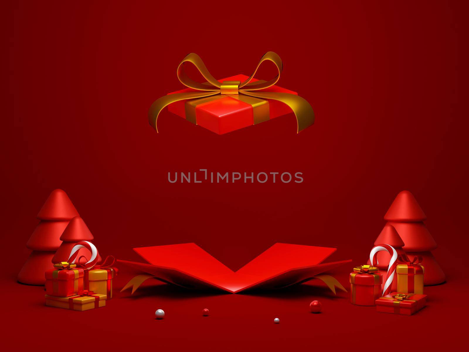 Opened Christmas gift box for product advertisement, 3d illustration by nutzchotwarut