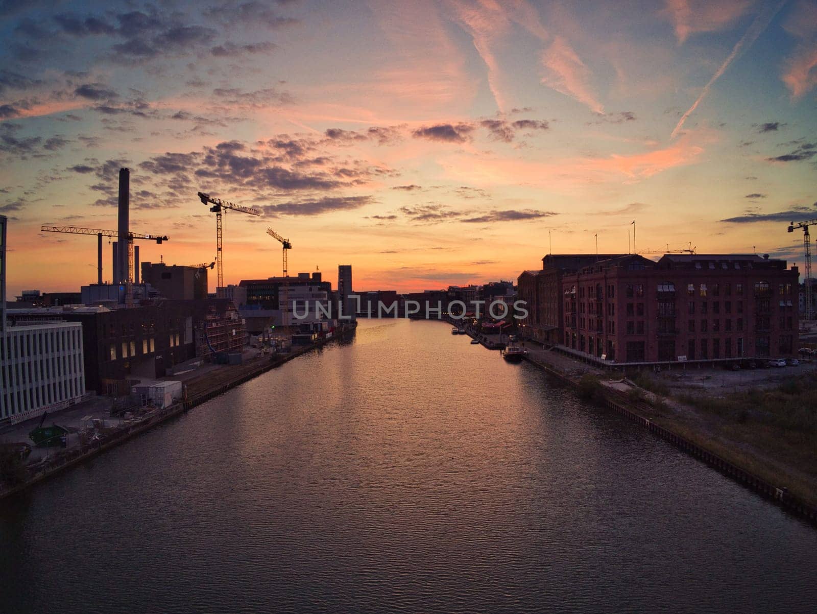 Aerial view of the Munster harbor Stadthafen at sunset in Muenster, Germany.