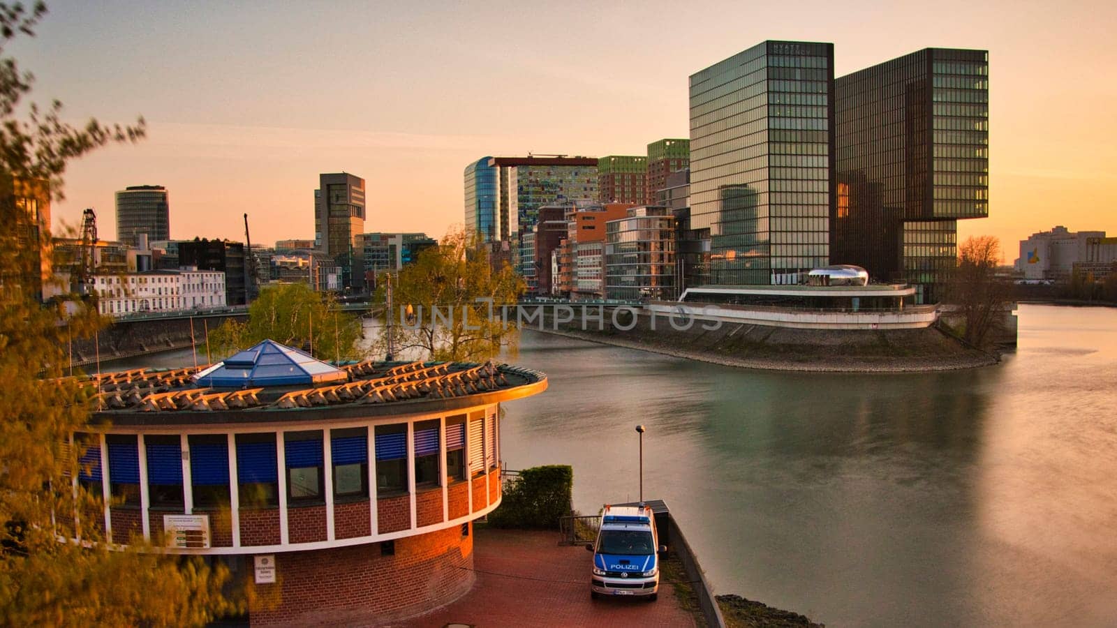 Police station at Duesseldorf Media Harbor and view into the inner harbor in Duesseldorf, Germany