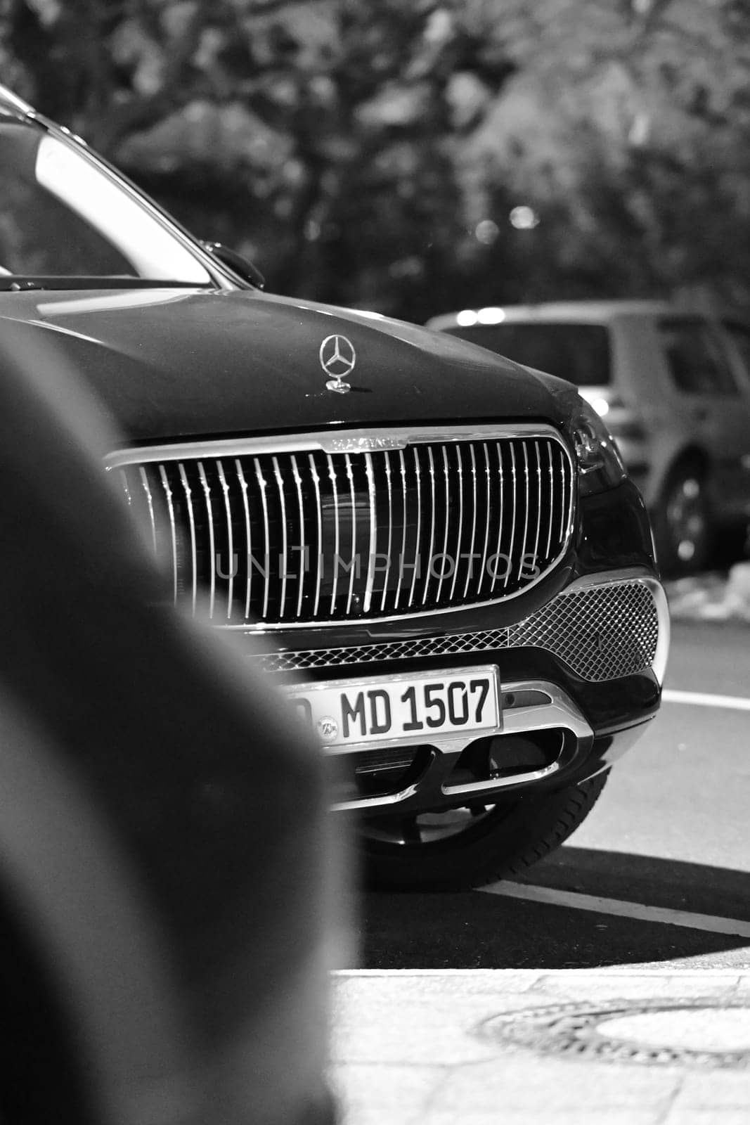 The radiator grille of a black Mercedes Maybach in Duesseldorf, Germany