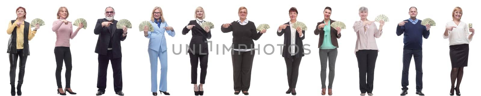 group of successful business people with money isolated on white background