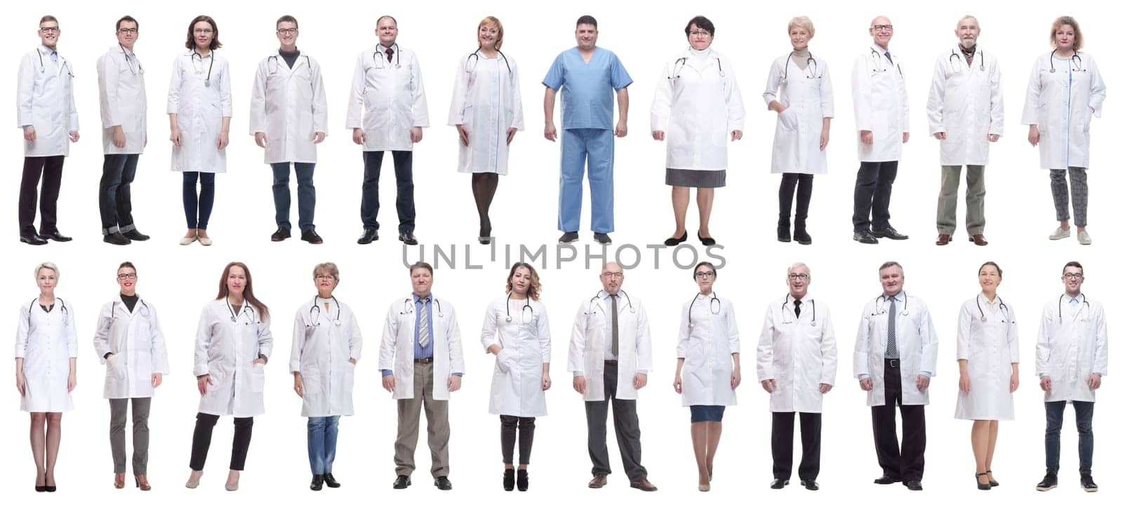 group of doctors in full length isolated on white background