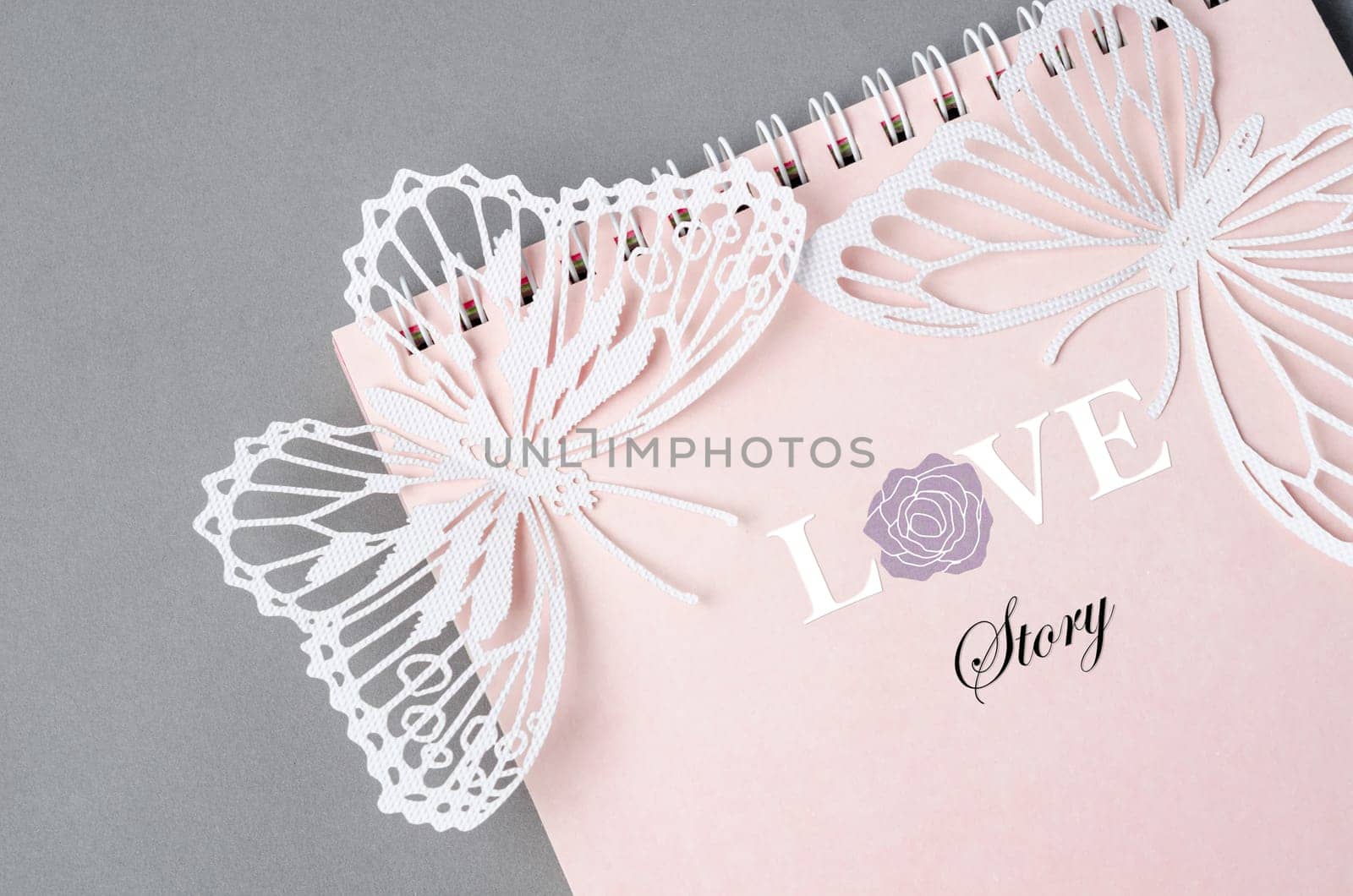 Love story book with butterfly paper carve on grey color background.