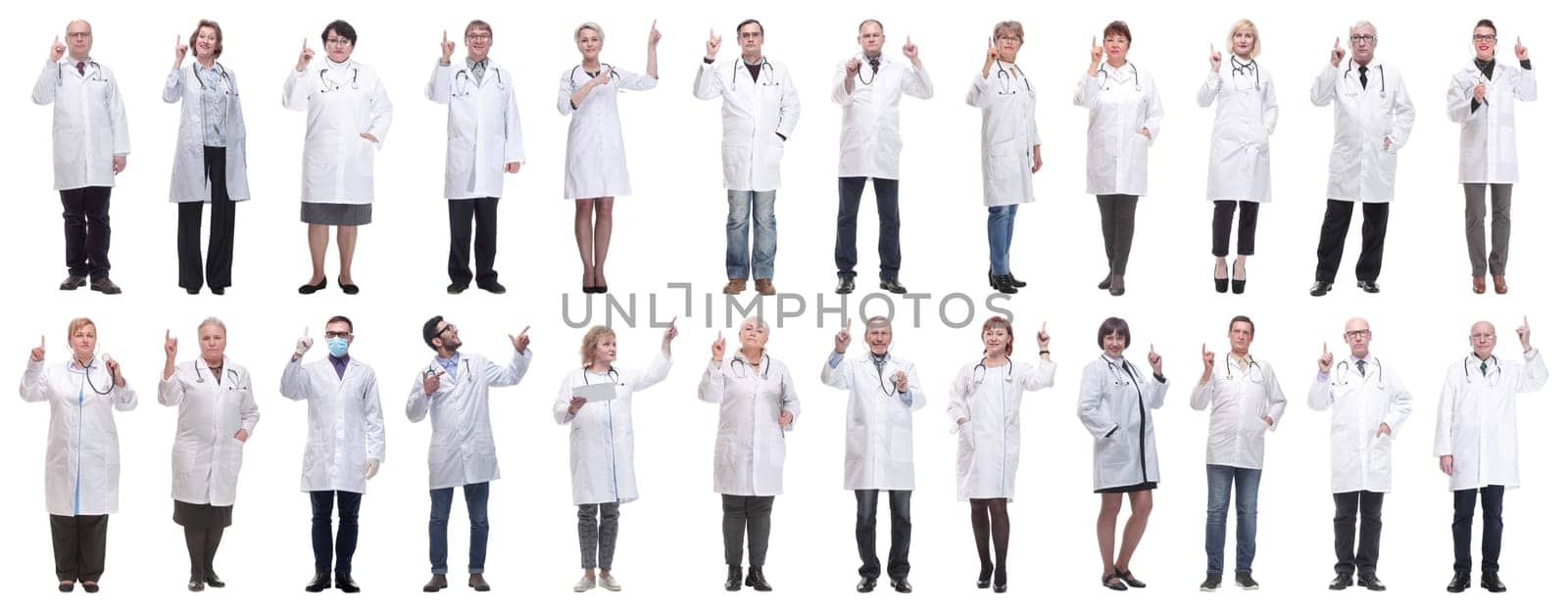 group of doctors in full length isolated on white background