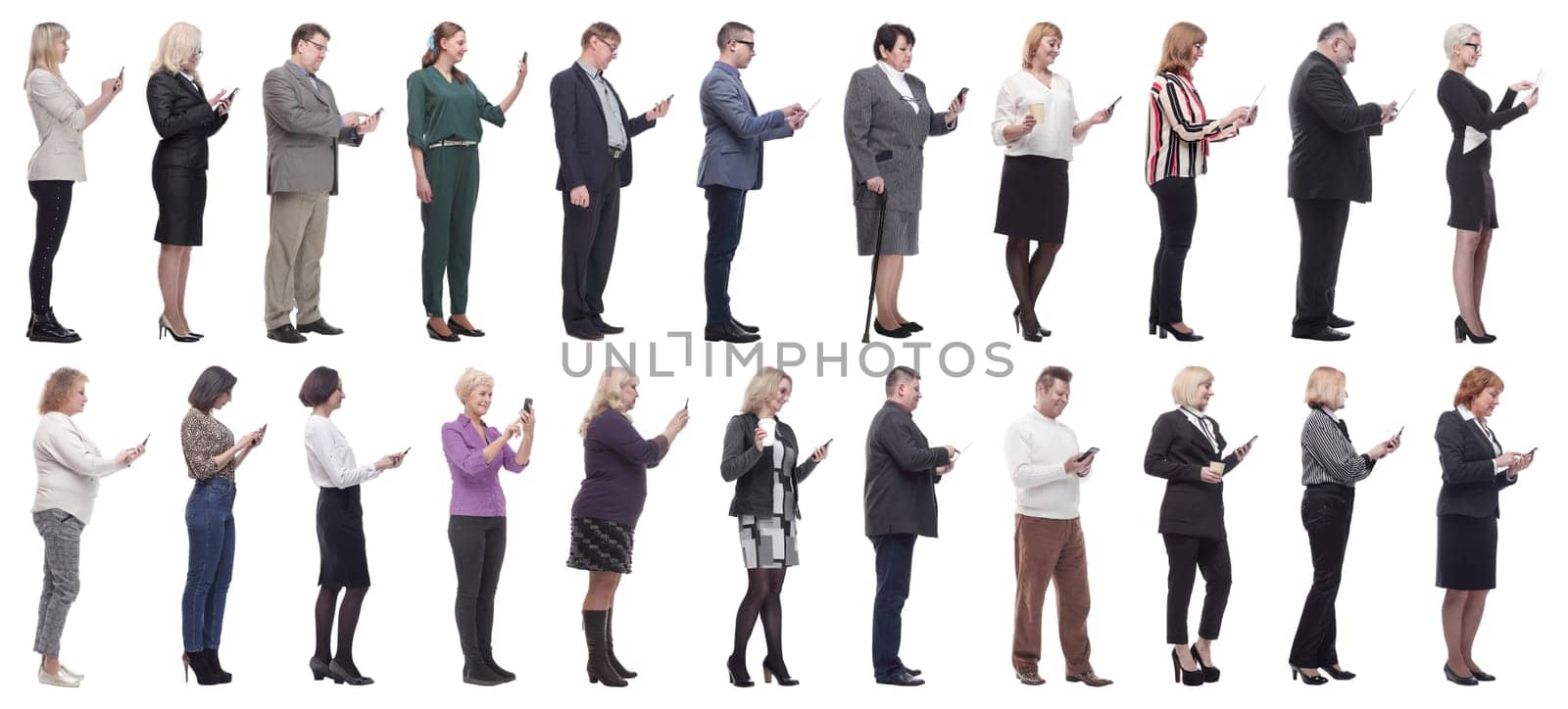 group of people profile holding phone in hand isolated on white background