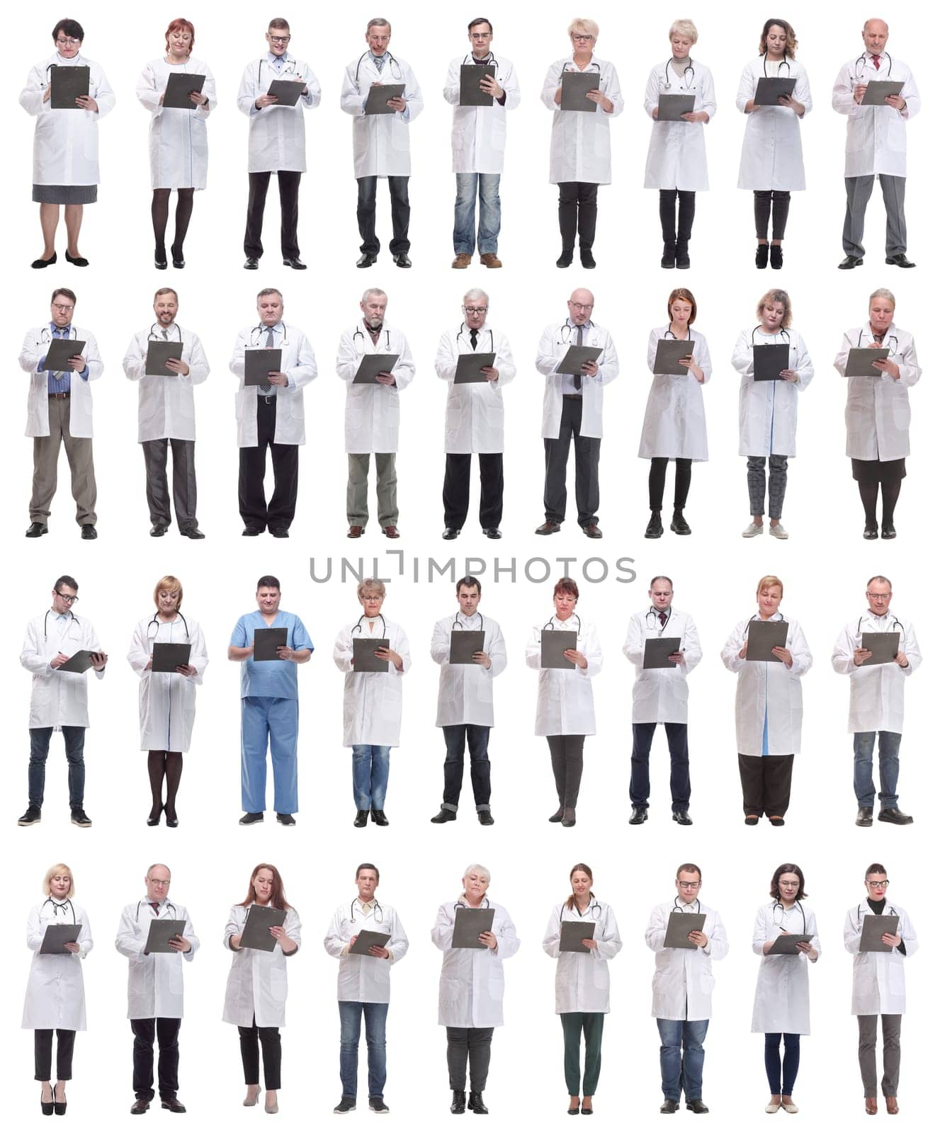 full length group of doctors with notepad isolated on white background