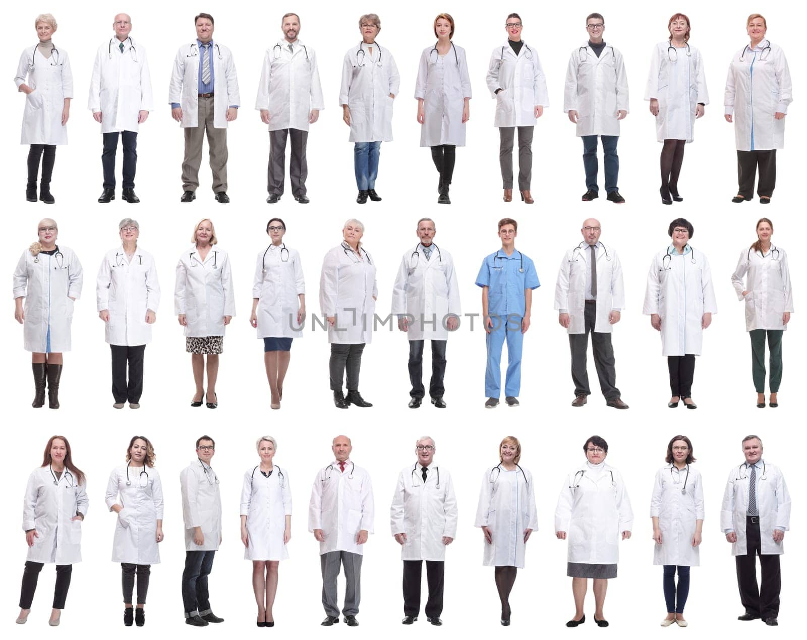 group of doctors in full length isolated on white background