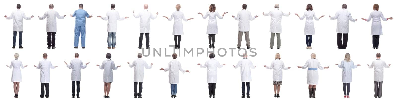 group of doctors standing with their backs isolated on white background