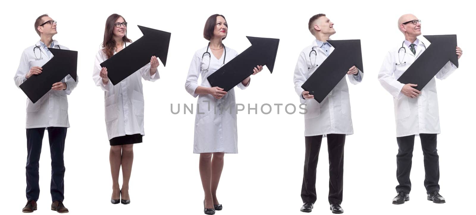 group of successful business people with black arrow isolated on white background