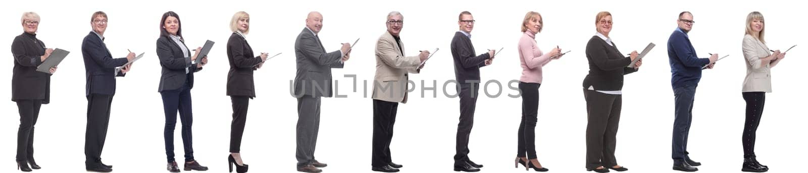 group of successful people with notepad in hands isolated on white background