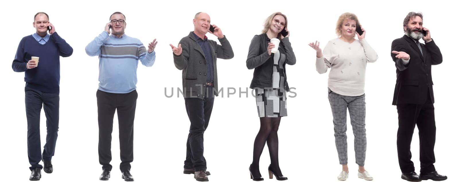 group of people holding phone in hand isolated on white background