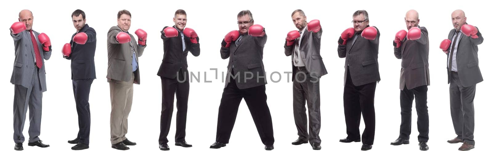 collage of businessmen in boxing gloves isolated on white background