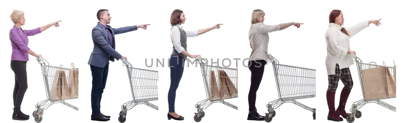 a group of people with a shopping cart point their fingers in front of them on a white background