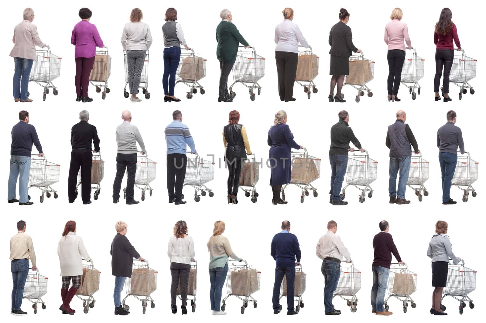 a group of people with a cart stand with their backs isolated on a white background