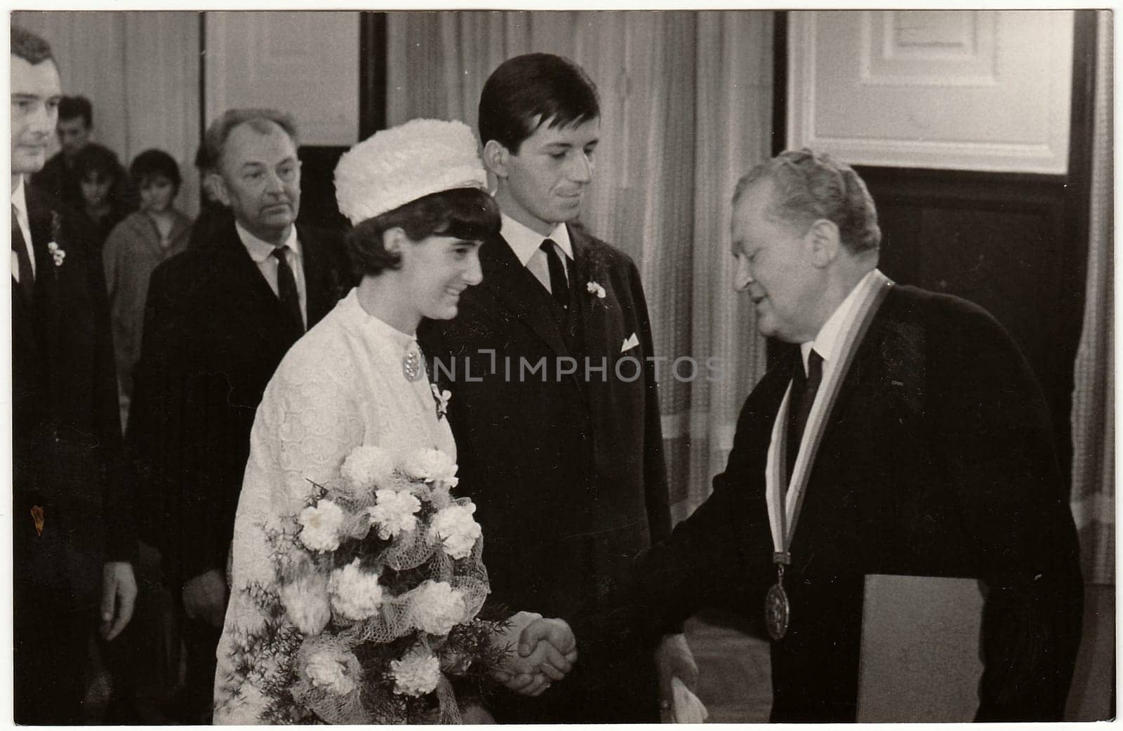 TEPLICE, THE CZECHOSLOVAK SOCIALIST REPUBLIC - OCTOBER 15, 1966: Vintage photo of wedding ceremony