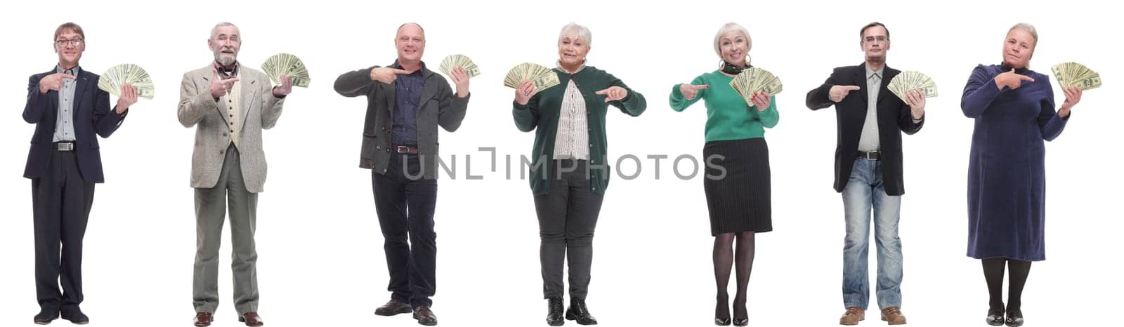 group of successful business people with money isolated on white background