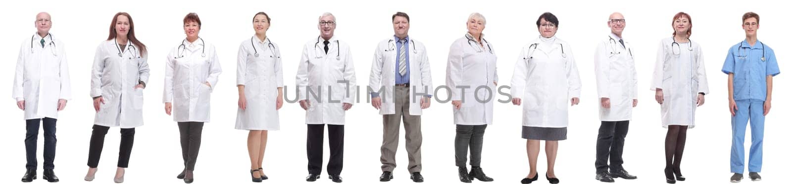 group of doctors in full length isolated on white background