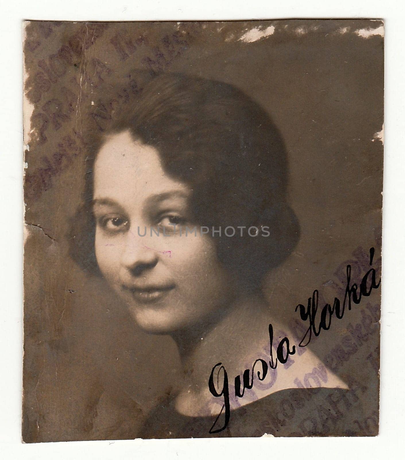 THE CZECHOSLOVAK REPUBLIC - CIRCA 1940s: Vintage portrait of a woman with signature.