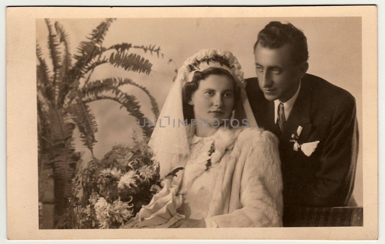 THE CZECHOSLOVAK REPUBLIC - CIRCA 1940: Vintage photo of newlyweds.