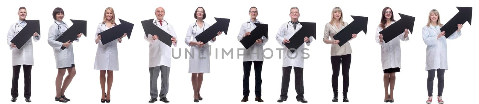 group of successful business people with black arrow isolated on white background