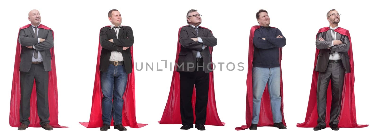 group of people in red raincoat isolated on white background