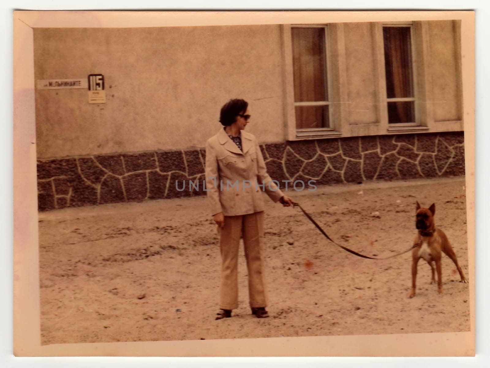 Vintage photo shows woman walks the dog. by roman_nerud