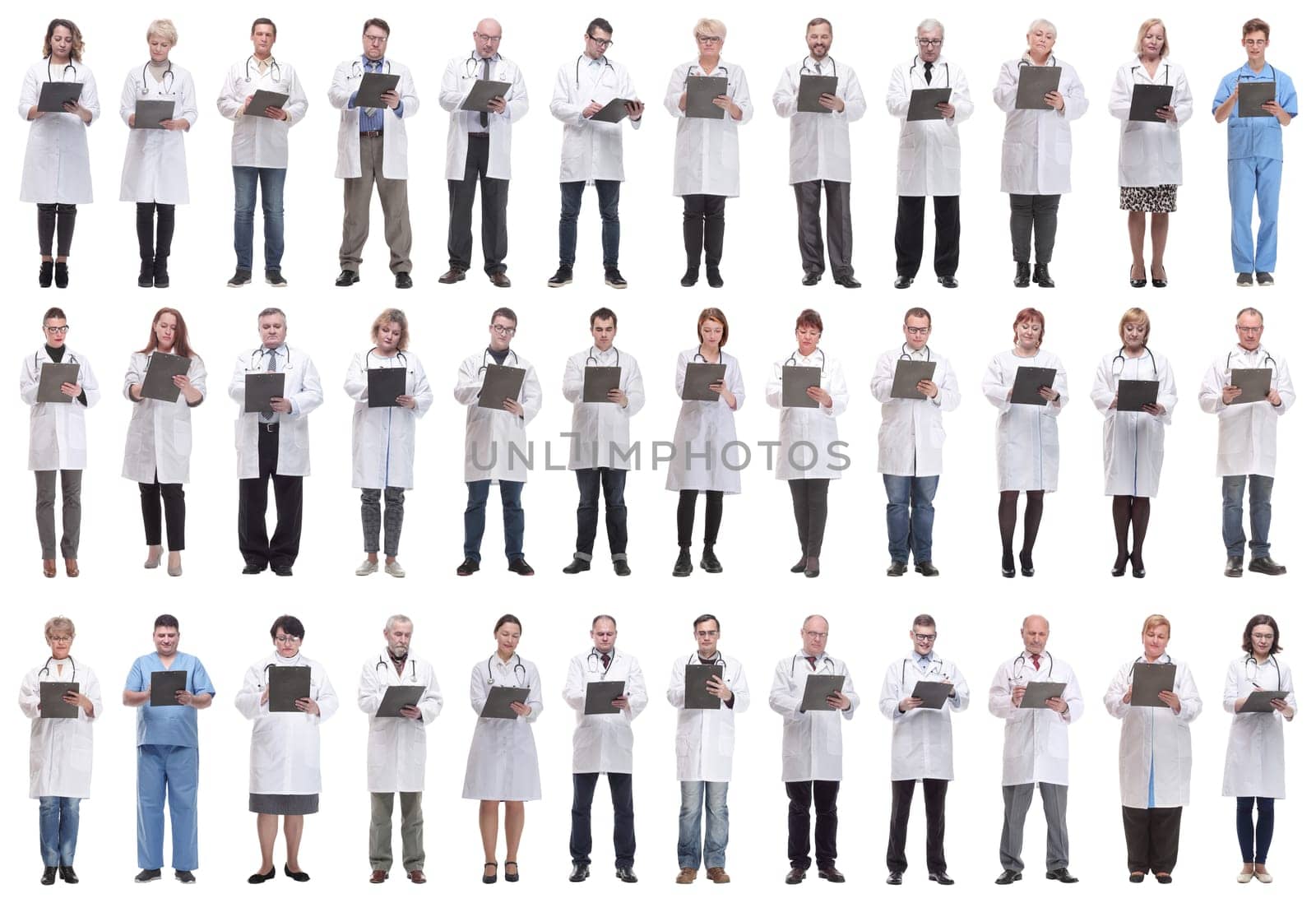 full length group of doctors with notepad isolated on white background