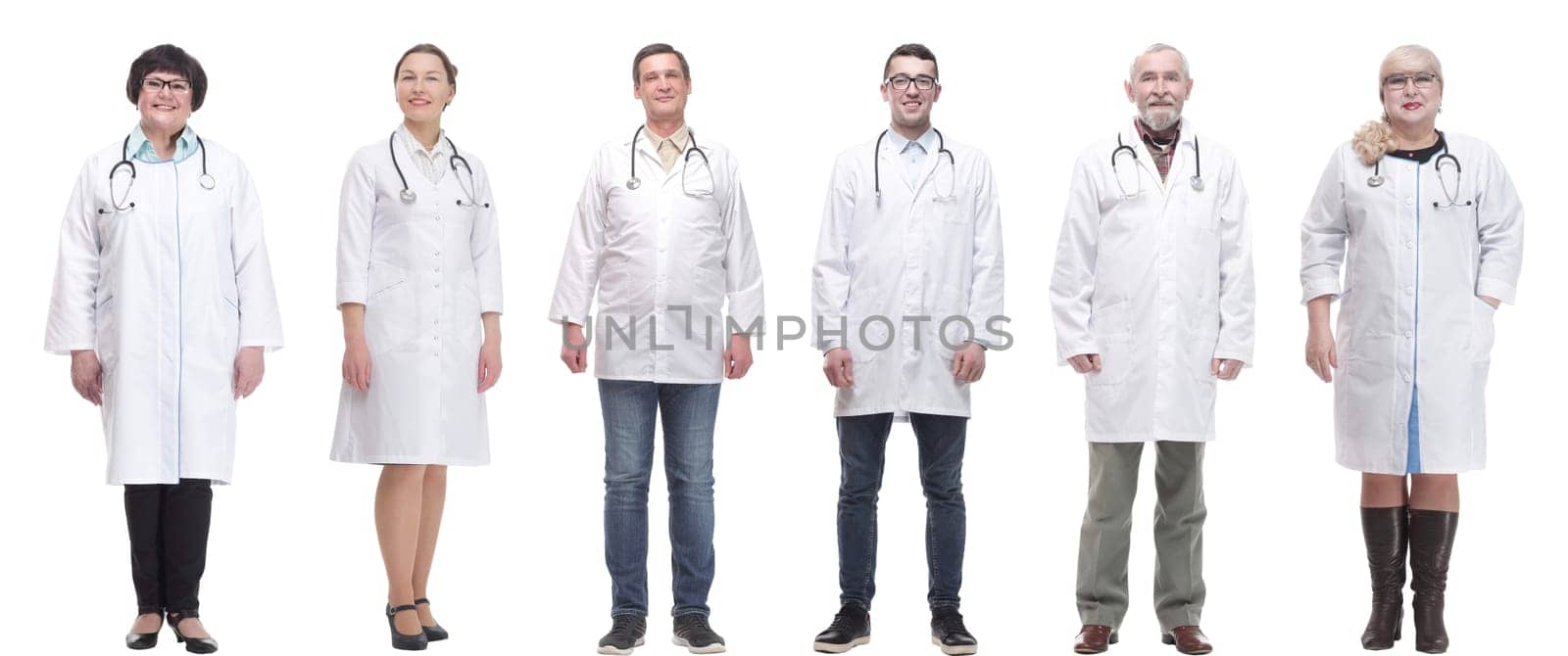 group of doctors in full length isolated on white background