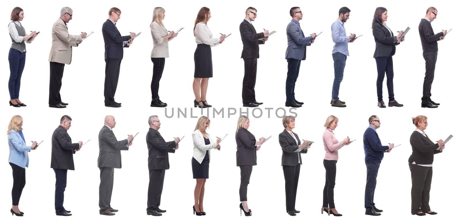 group of successful people with notepad in hands isolated on white background