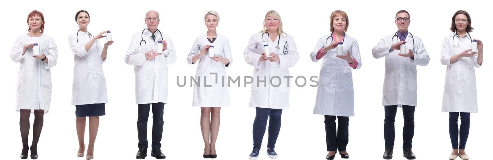 group of doctors holding jar isolated on white background