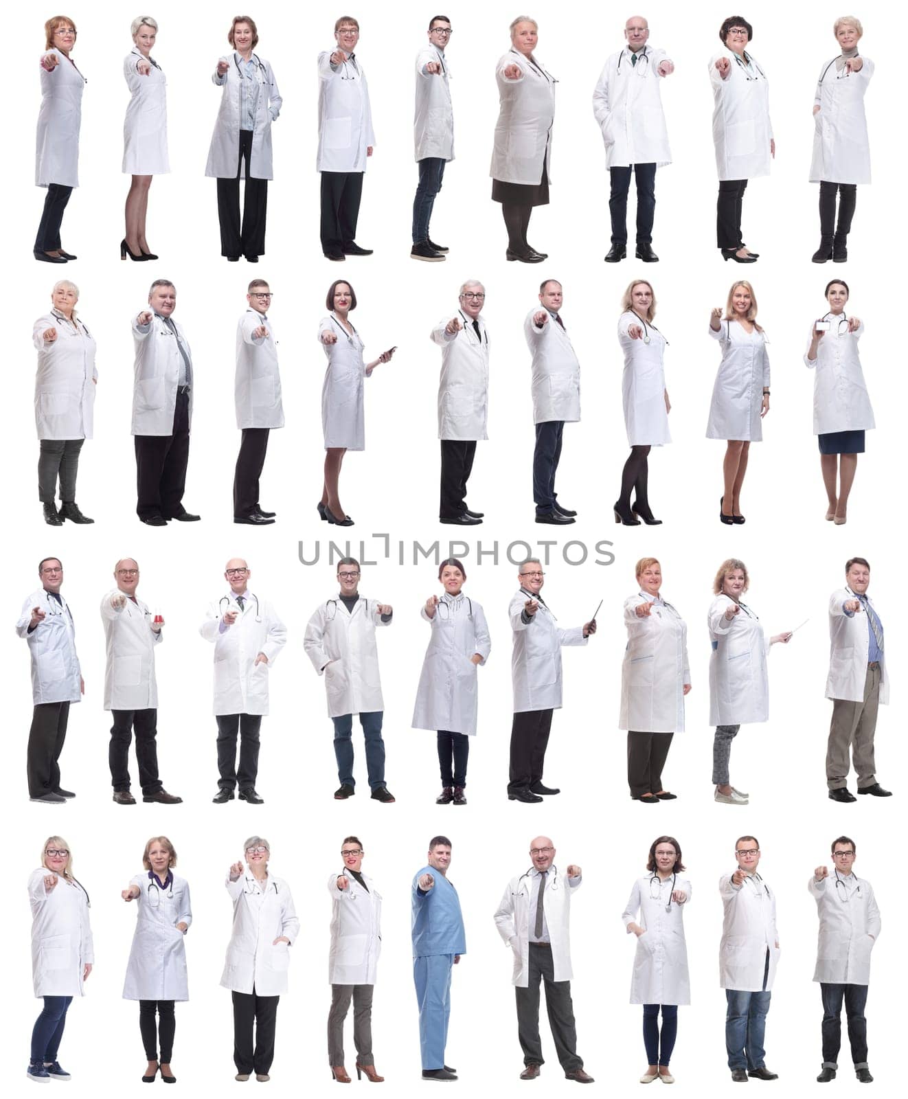 group of doctors in full length isolated on white background