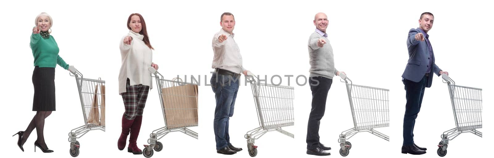 a group of people with a shopping cart point their finger at the camera on a white background