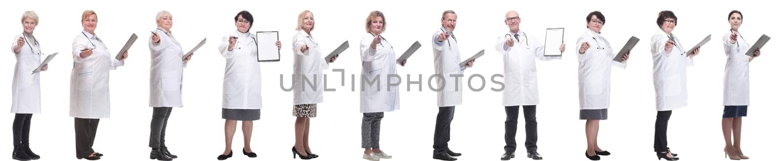 full length group of doctors with notepad isolated on white background