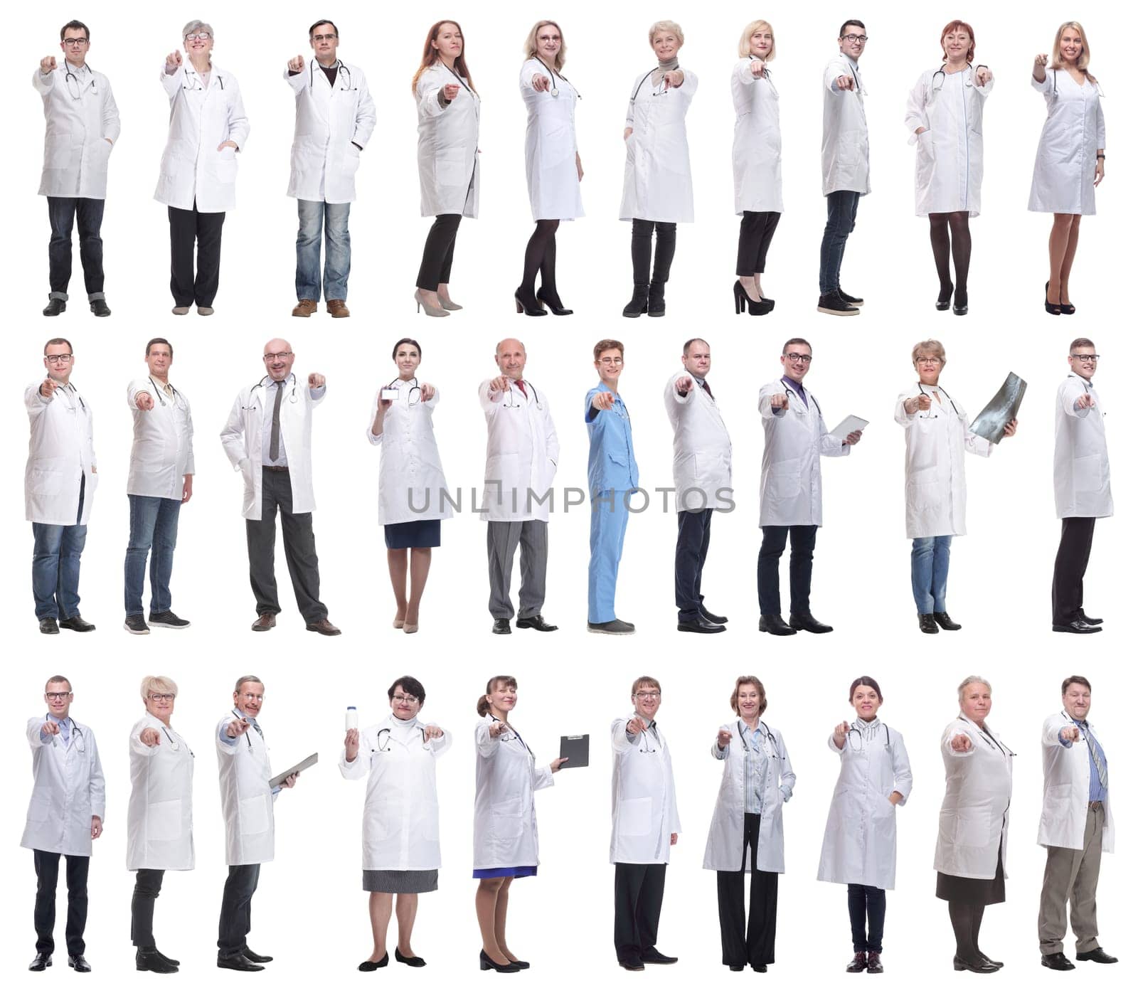 group of doctors in full length isolated on white background