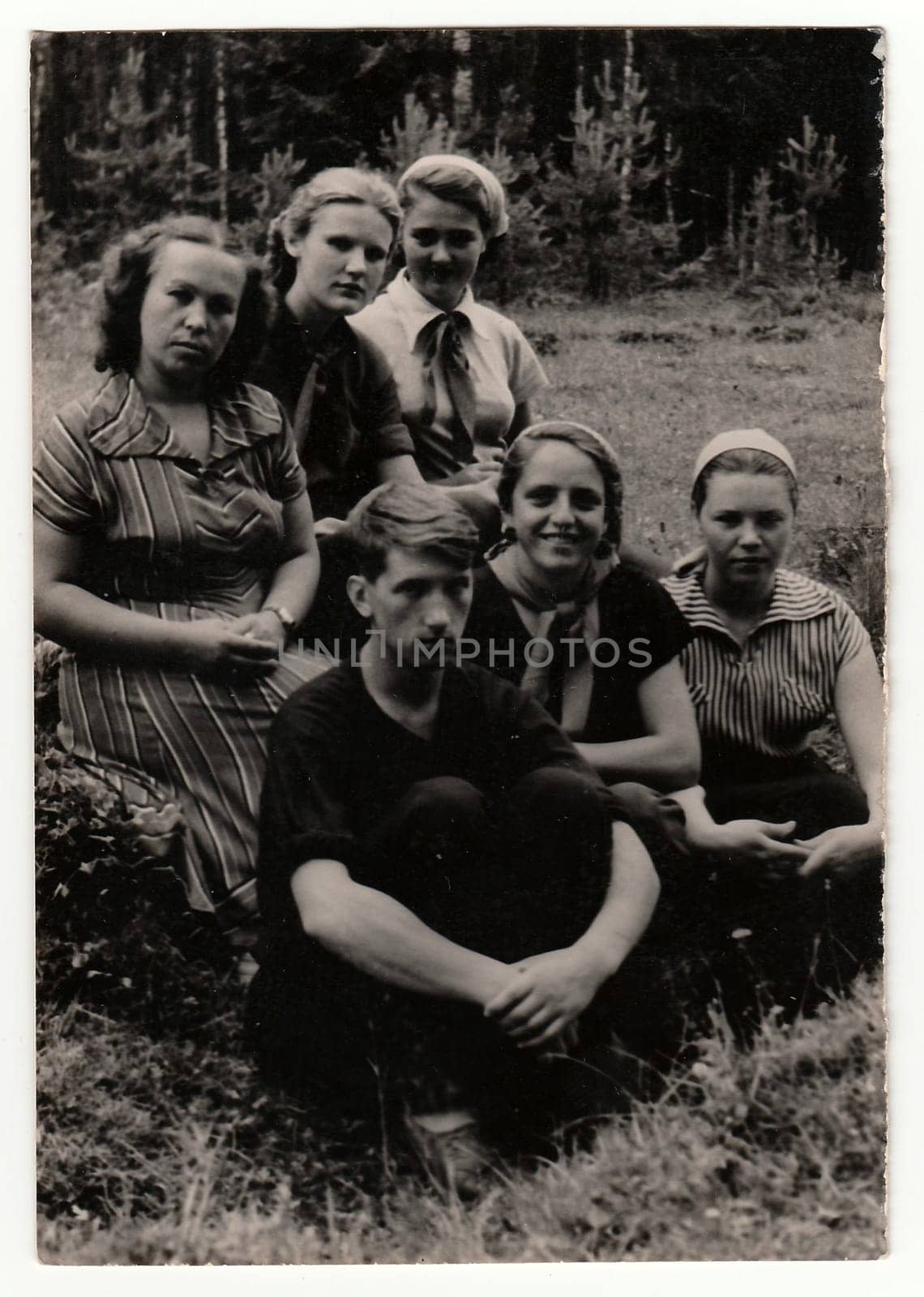 Vintage portrait shows people outdoors. Black & white photo. by roman_nerud