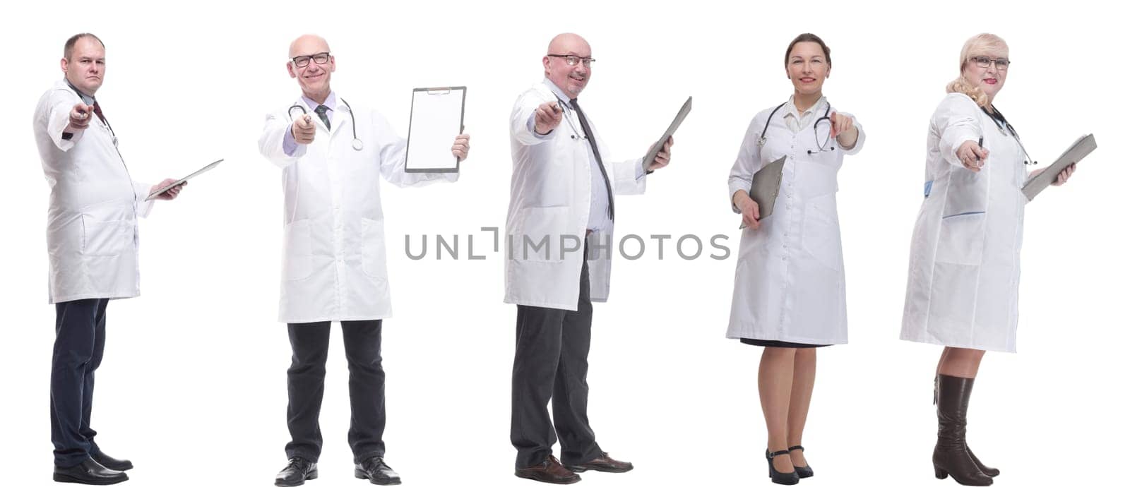 full length group of doctors with notepad isolated on white background