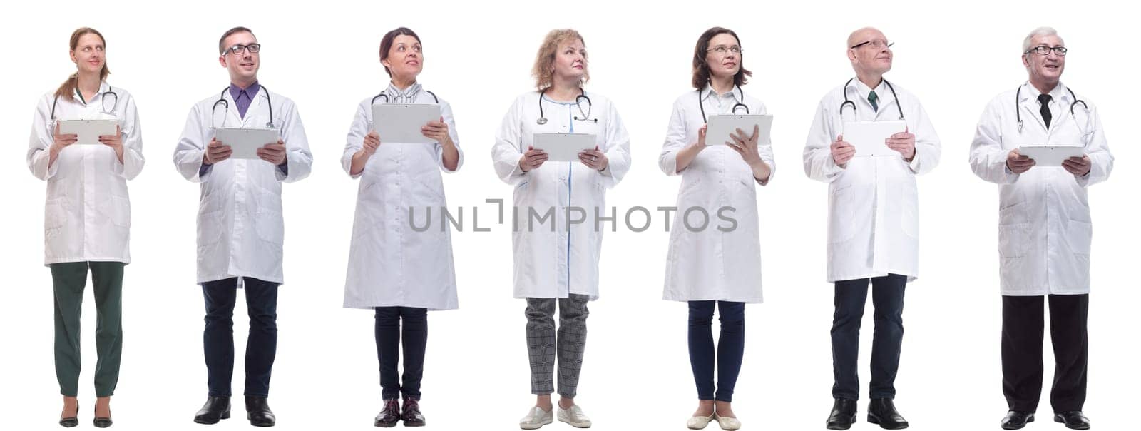 group of doctors with clipboard isolated on white by asdf